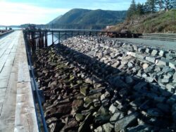 A wooden pier runs parallel to a rugged shoreline with a slope of large rocks and boulders, overlooking a calm body of water with mountains in the distance.